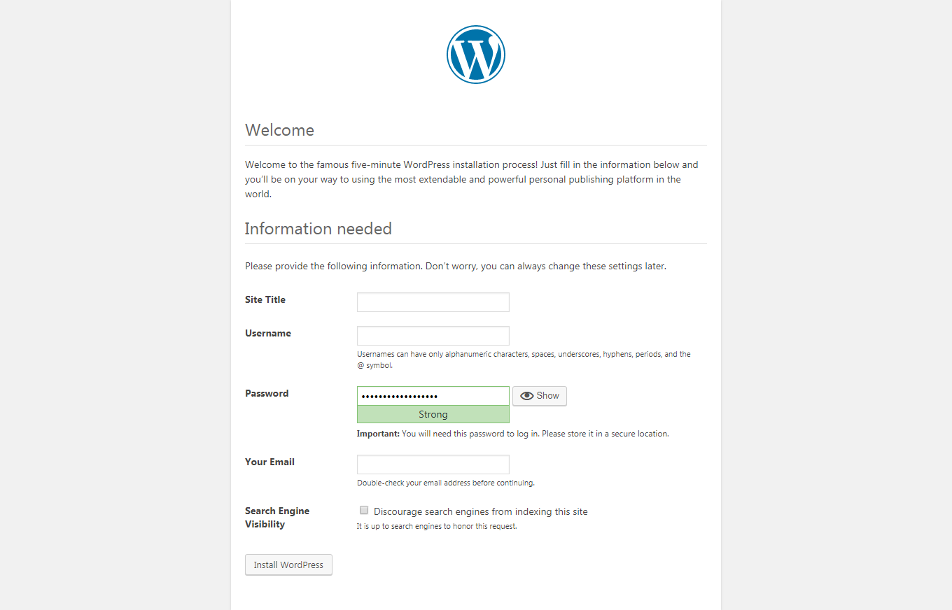 Wordpress Installation page