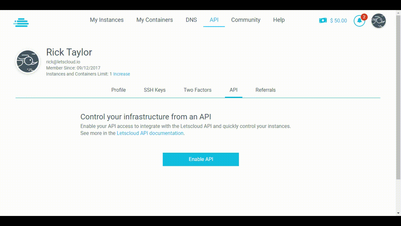 Enabling LetsCloud API
